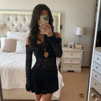 Lace Hollow Out Cutout Sexy off Shoulder Dress Women Adult Lady like Woman Slim Fitting Patchwork Tiered Dress
