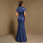 Navy blue maxi dress, short sleeves, open back with mermaid hem