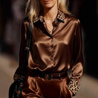 Spring Autumn Commuting Figure Flattering Long Sleeve Leopard Print round Neck Stitching Satin Shirt for Women