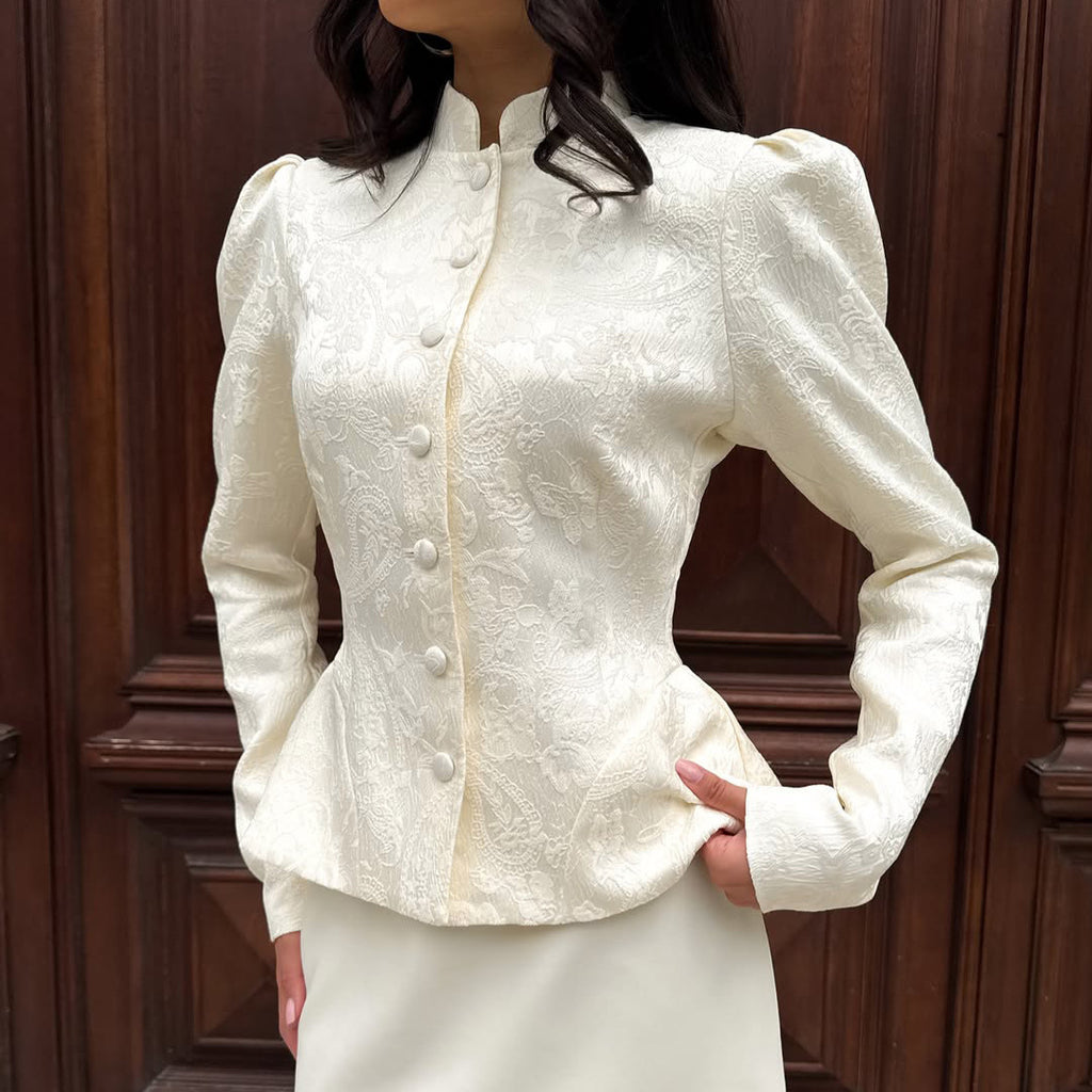 Women's Jacquard Stand-Collar Puff-Sleeve Top