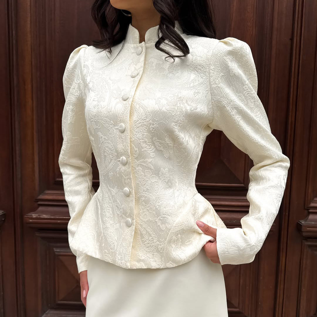 Women's Jacquard Stand-Collar Puff-Sleeve Top