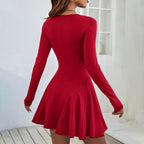 Women's Red Crew-Neck Long-Sleeve A-Line Mini Dress