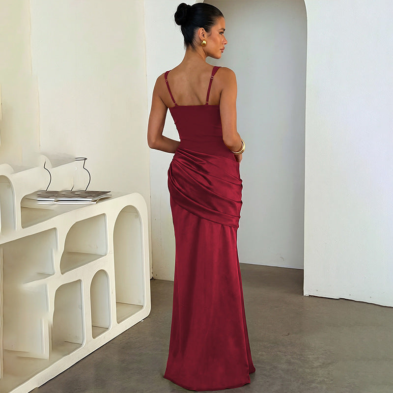 Women's Satin Spliced Square-Neck Maxi Dress