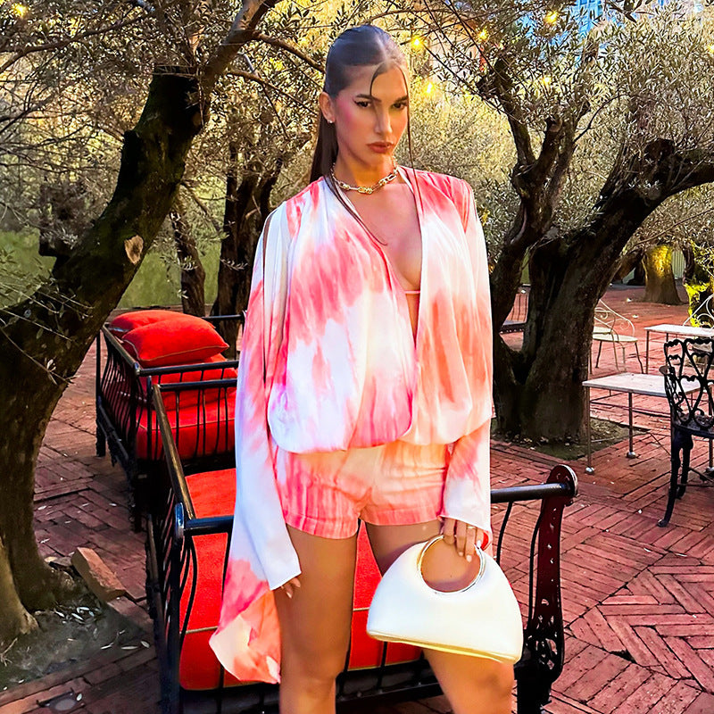 Women Clothing Summer Tie Dye Printed Bell Sleeved Slit Top