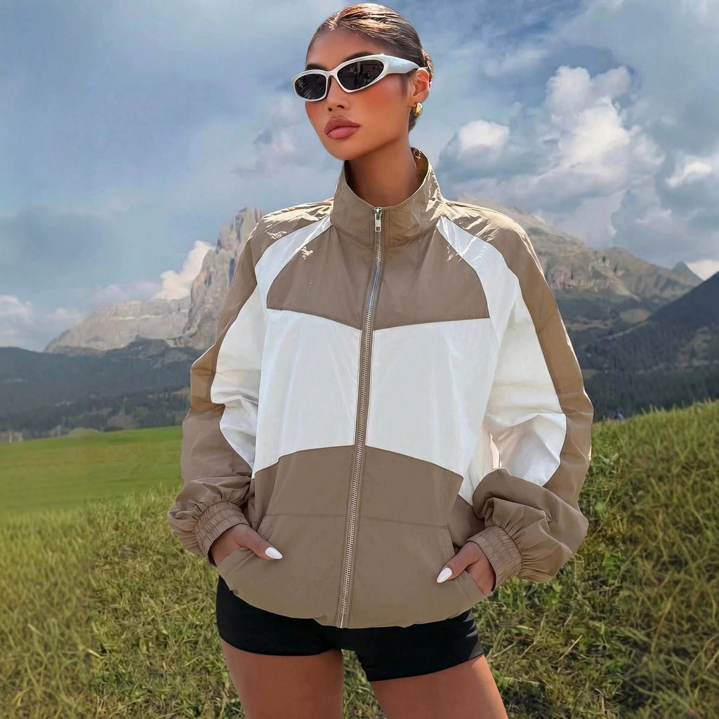 Autumn Winter Retro Color Stitching Stand Collar Color Contrast Patchwork Baggy Coat