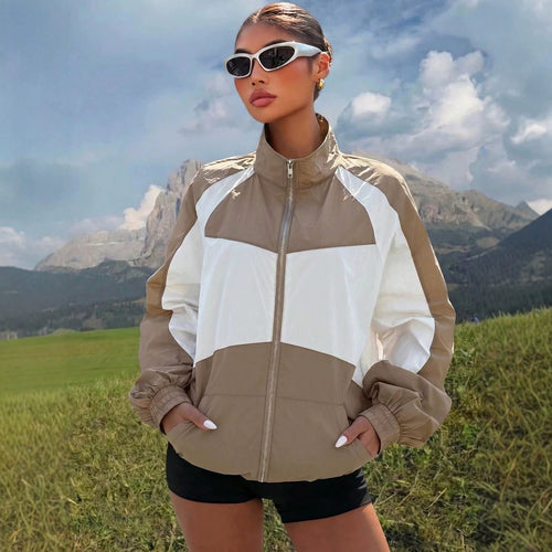 Autumn Winter Retro Color Stitching Stand Collar Color Contrast Patchwork Baggy Coat