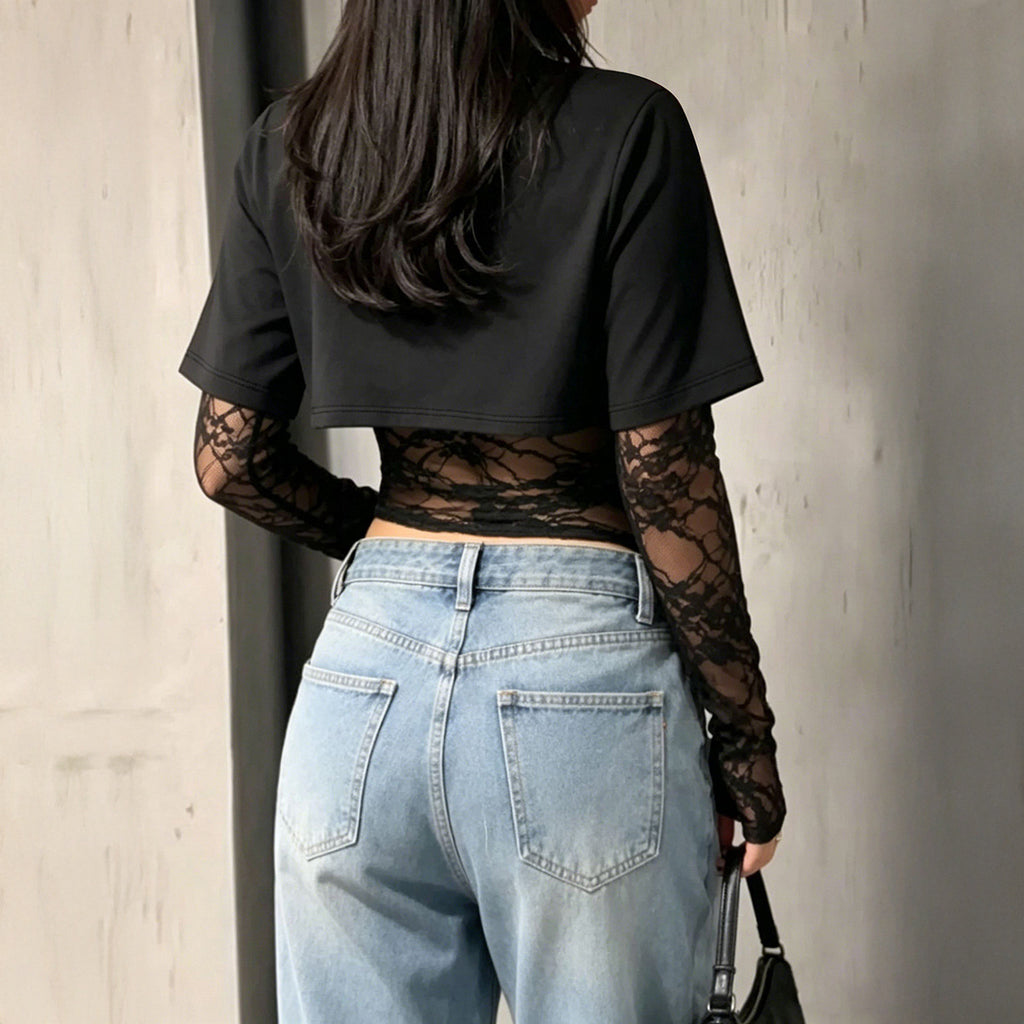 Women's Lace-Trim Long Sleeve Top