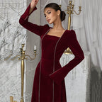 Women's Belted Velvet Square-Neck Maxi Dress