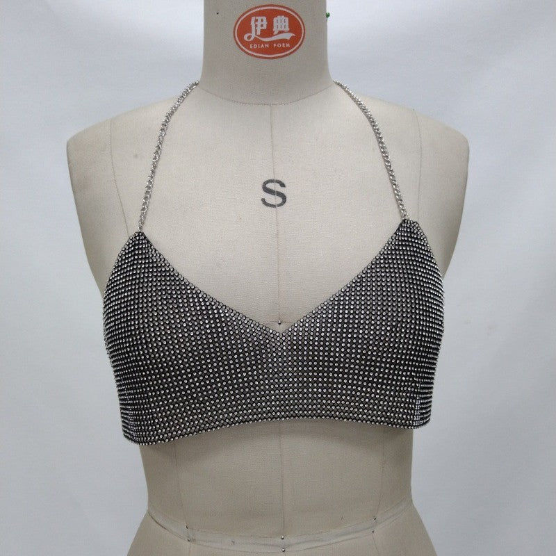 's Elegant Metal Chain Backless Rhinestone Nightclub Party Vest Top