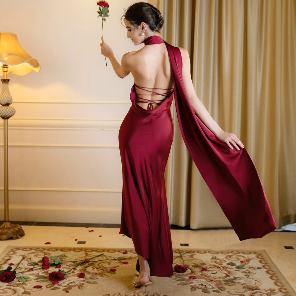 Women's 's Satin Backless Lace-Up Maxi Evening Dress