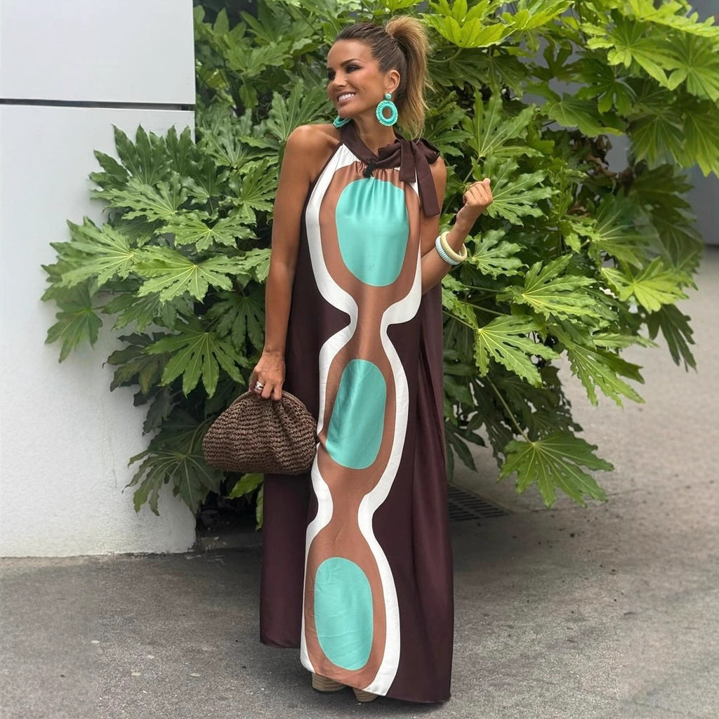 Summer Printing Halter Lace-Up A Swing Vacation Dress
