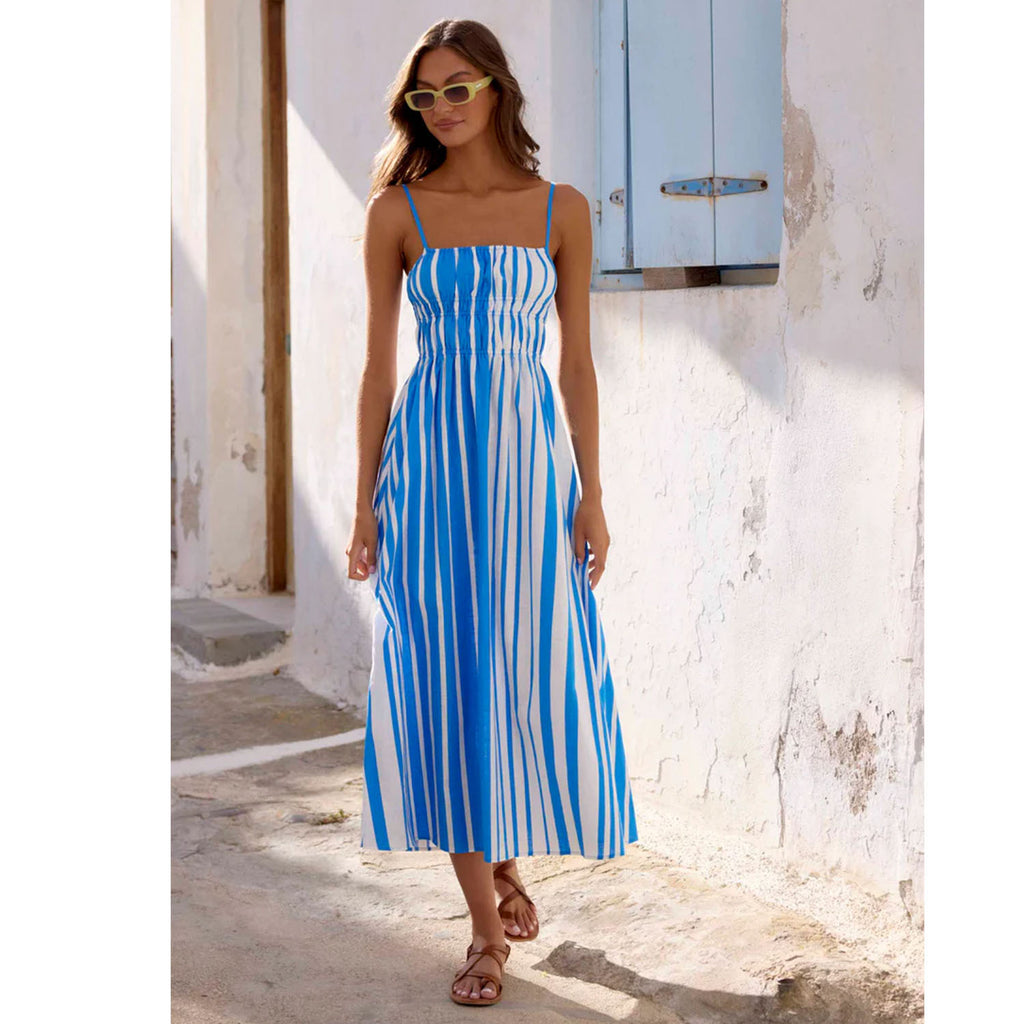 Women's Spring Summer Off Neck Striped Waist Trimming Printing Vacation Mid Length Dress