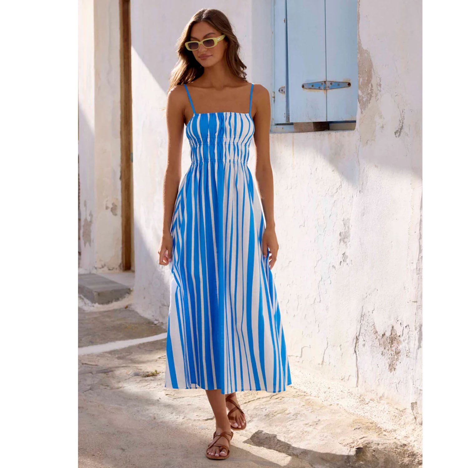 Women's Spring Summer Off Neck Striped Waist Trimming Printing Vacation Mid Length Dress