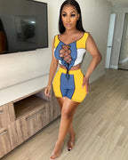 Sun Tanning Lace-Up Rib Stitching Sports Casual Suit Set