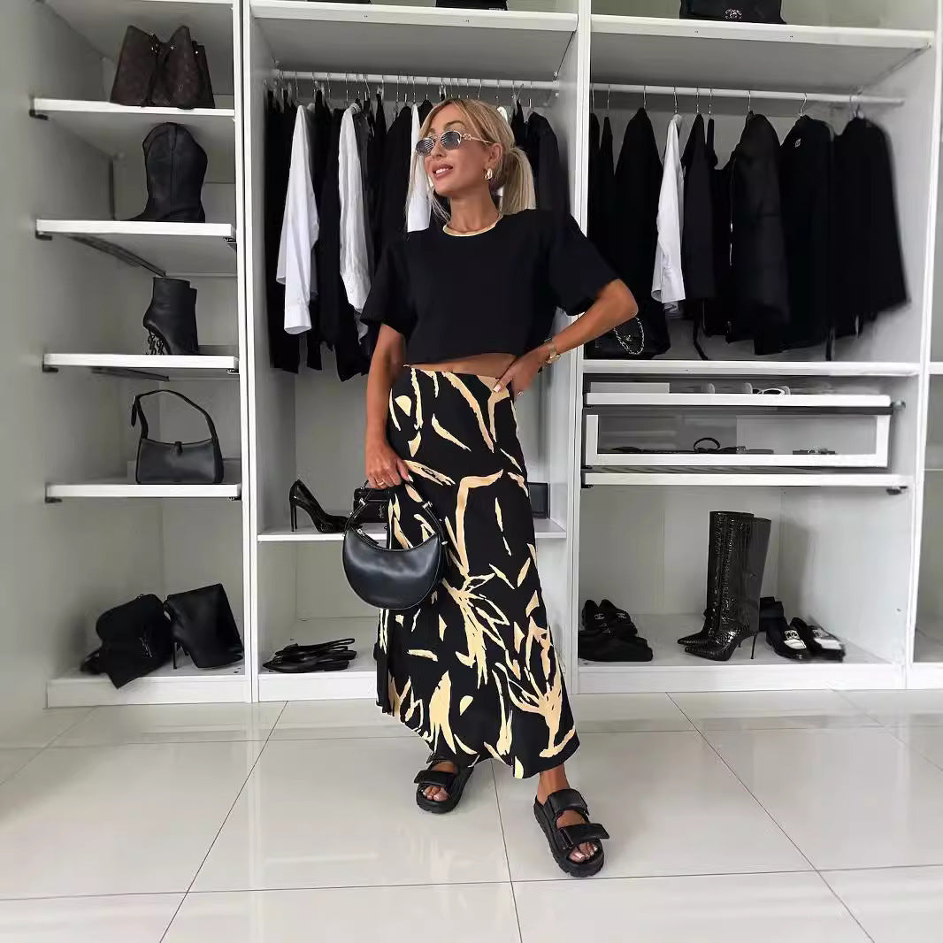 Autumn High Waist Satin Printed Wear For Skirt