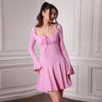 Women's Sweet Dress High Waist Square Collar Sweet Spicy Pink