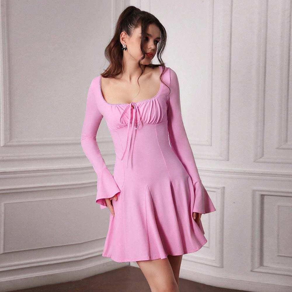 Women's Sweet Dress High Waist Square Collar Sweet Spicy Pink