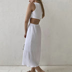 Cotton Crew-Neck Cutout Long-Sleeve A-Line Maxi Dress