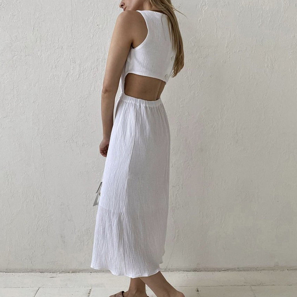 Cotton Crew-Neck Cutout Long-Sleeve A-Line Maxi Dress