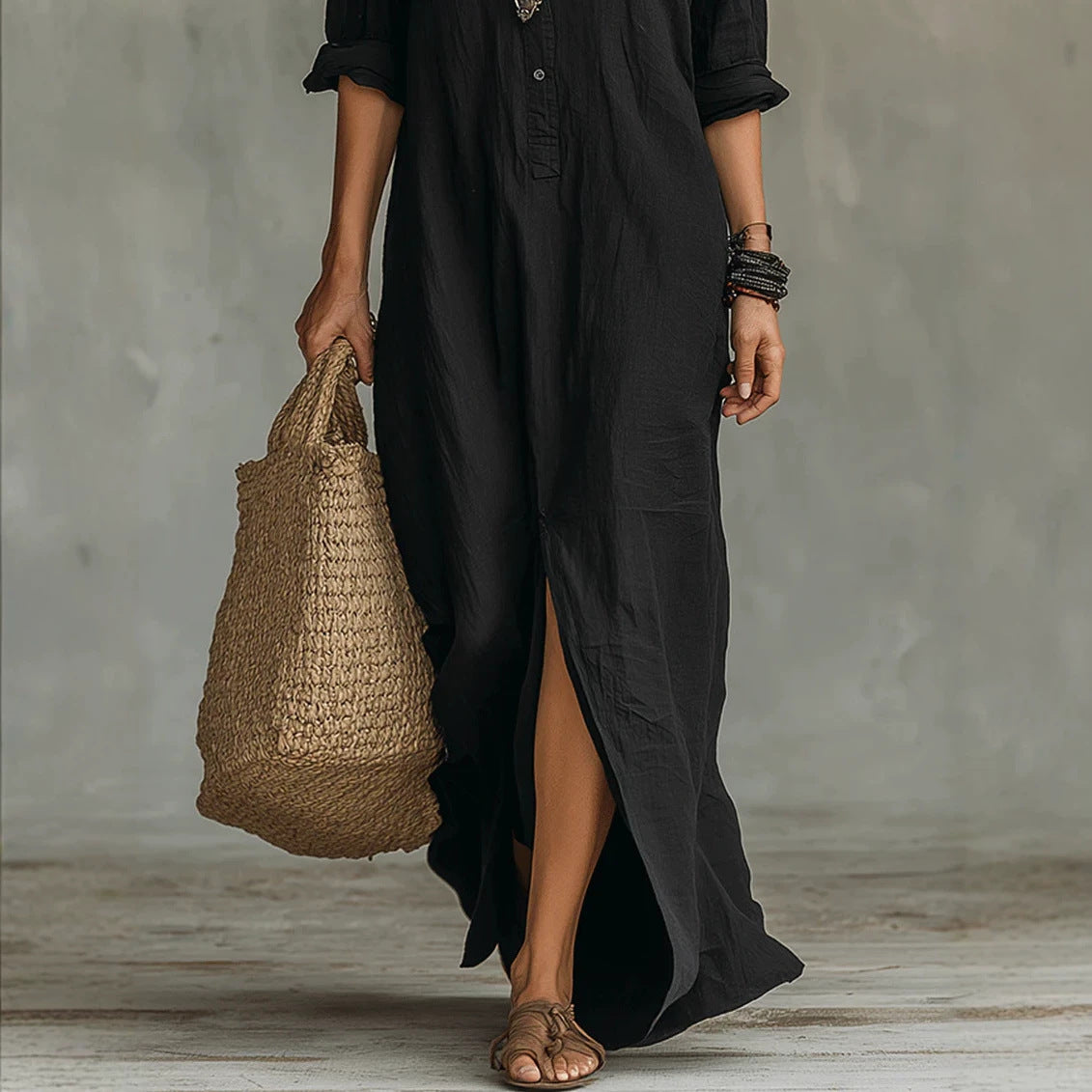 Women's Collared Button-Front Split Maxi Dress
