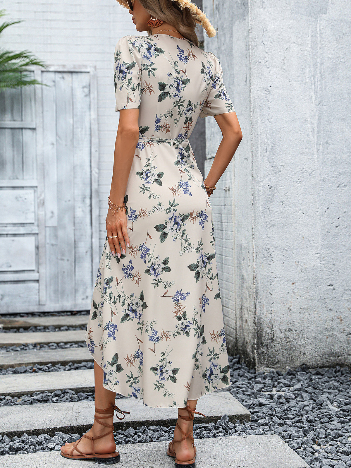 Women's Khaki Floral Ruffle High-Low Vacation Dress
