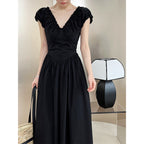 French Fitted Waist Backless V-Neck Dress Elegant Sleeveless Pleated