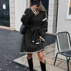 Idle Tie Waist Trimming Loose Knitted V-Neck Long Sleeve Fall Midi Dress