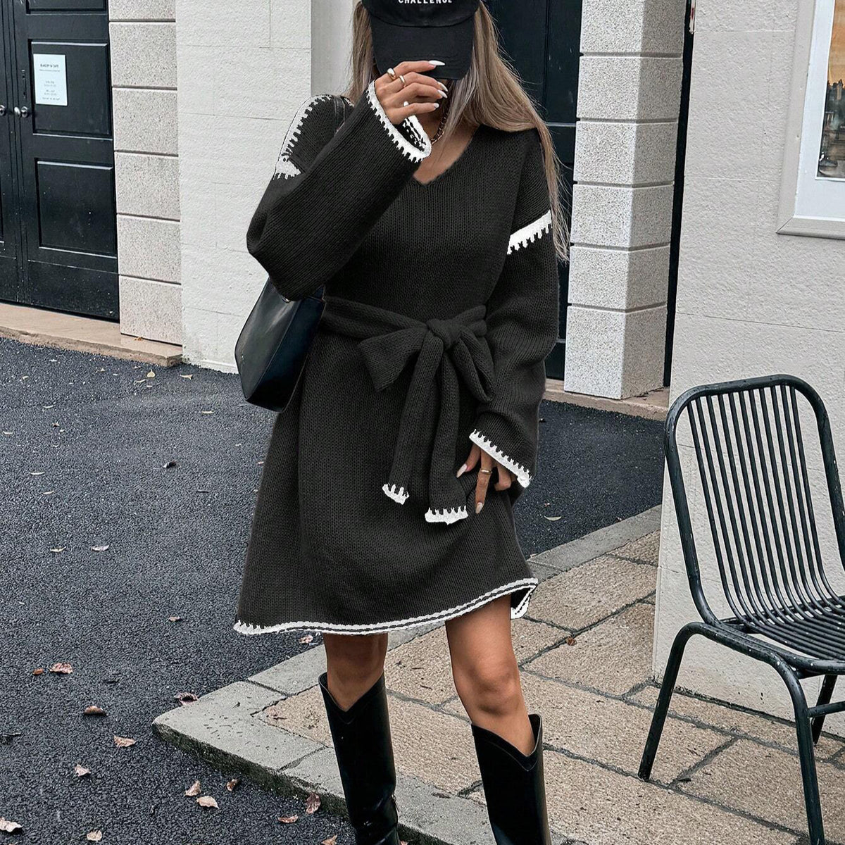 Idle Tie Waist Trimming Loose Knitted V-Neck Long Sleeve Fall Midi Dress