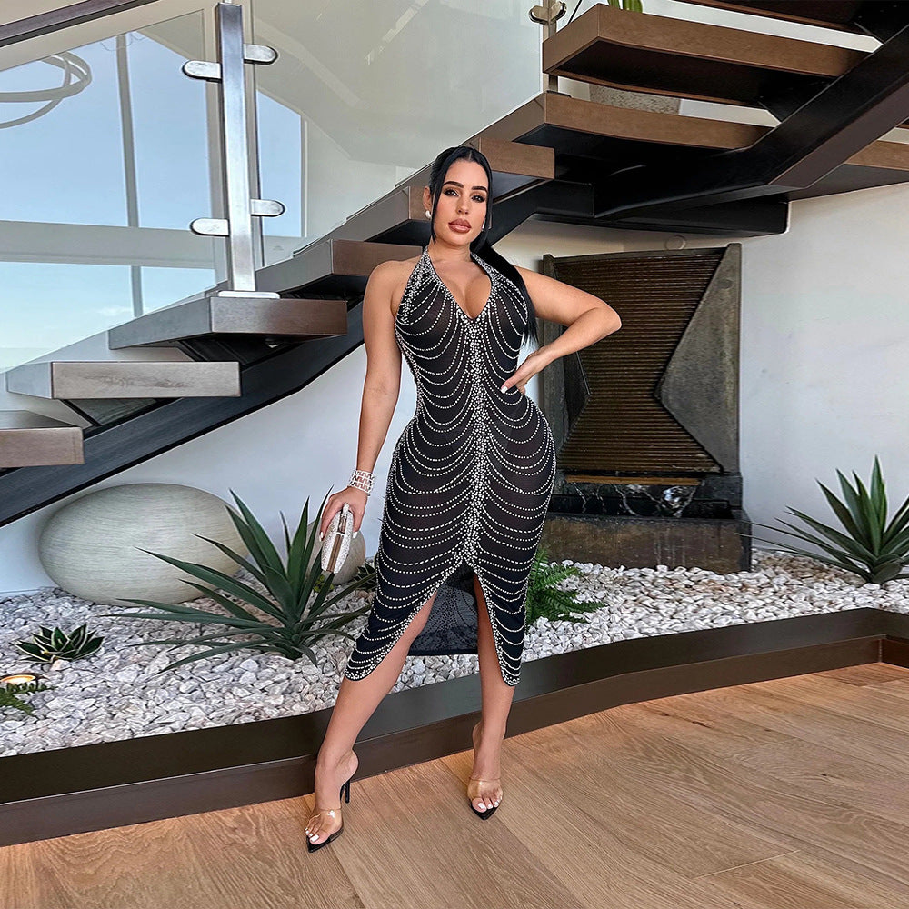 Women's Rhinestone Backless Split Bodycon Dress