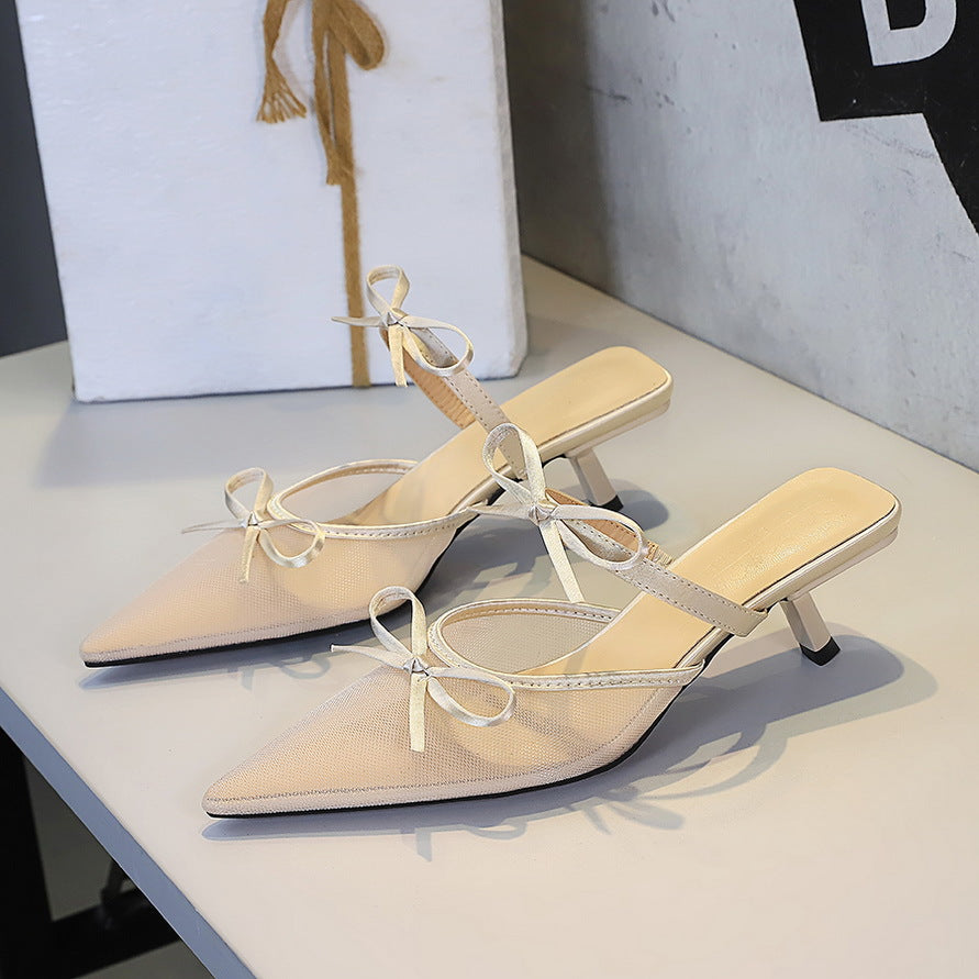 Women's Korean Lace Half Slippers Stiletto Shoes Pointed Toe Low Cut Bowknot Strap