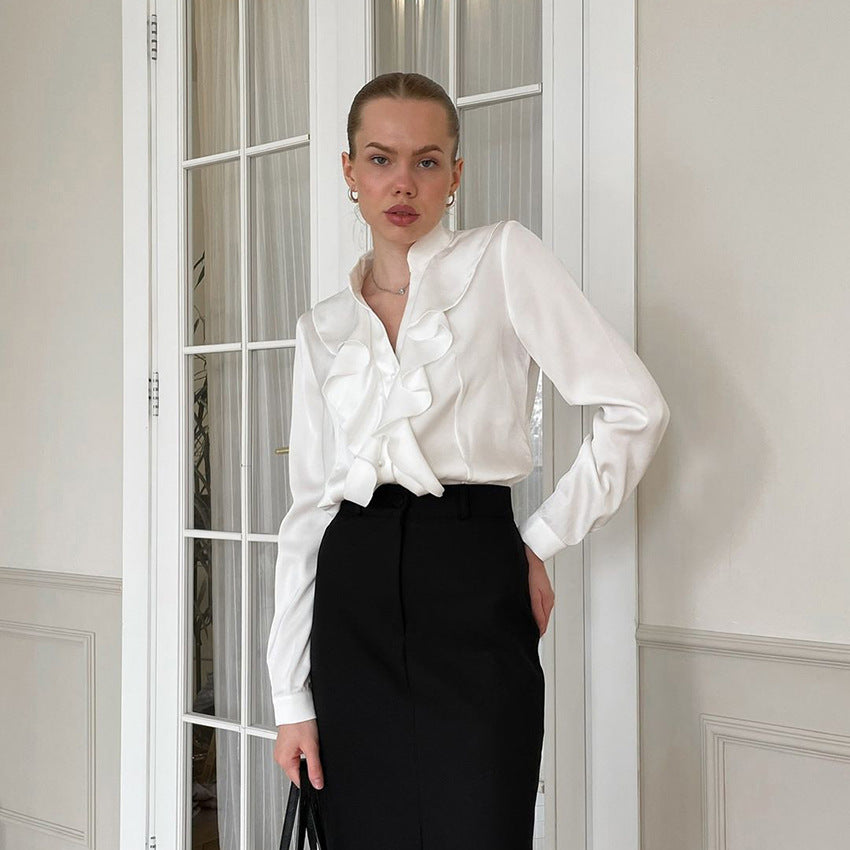 Women's Black Satin Stand Collar Blouse