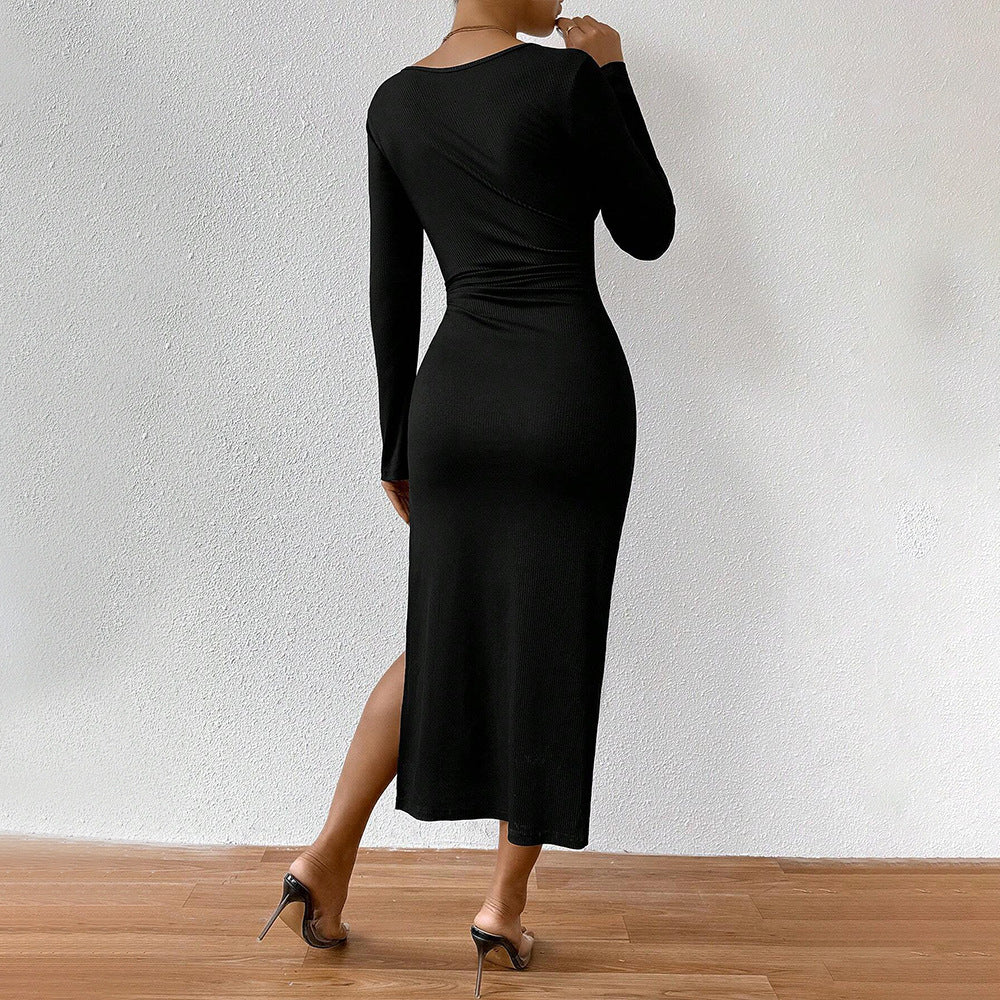 Women's V-Neck Ruched Slit Bodycon Maxi Dress