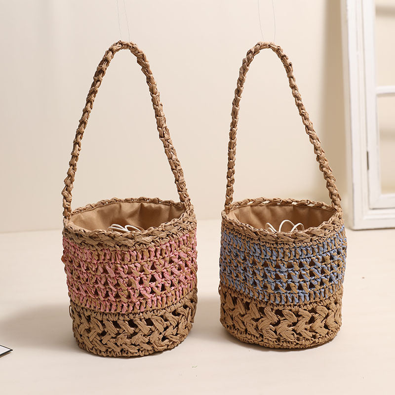 Women's French One-Shoulder Straw Bucket Bag