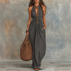 Women’s dark gray V-neck halter one-piece swimwear, draped maxi silhouette
