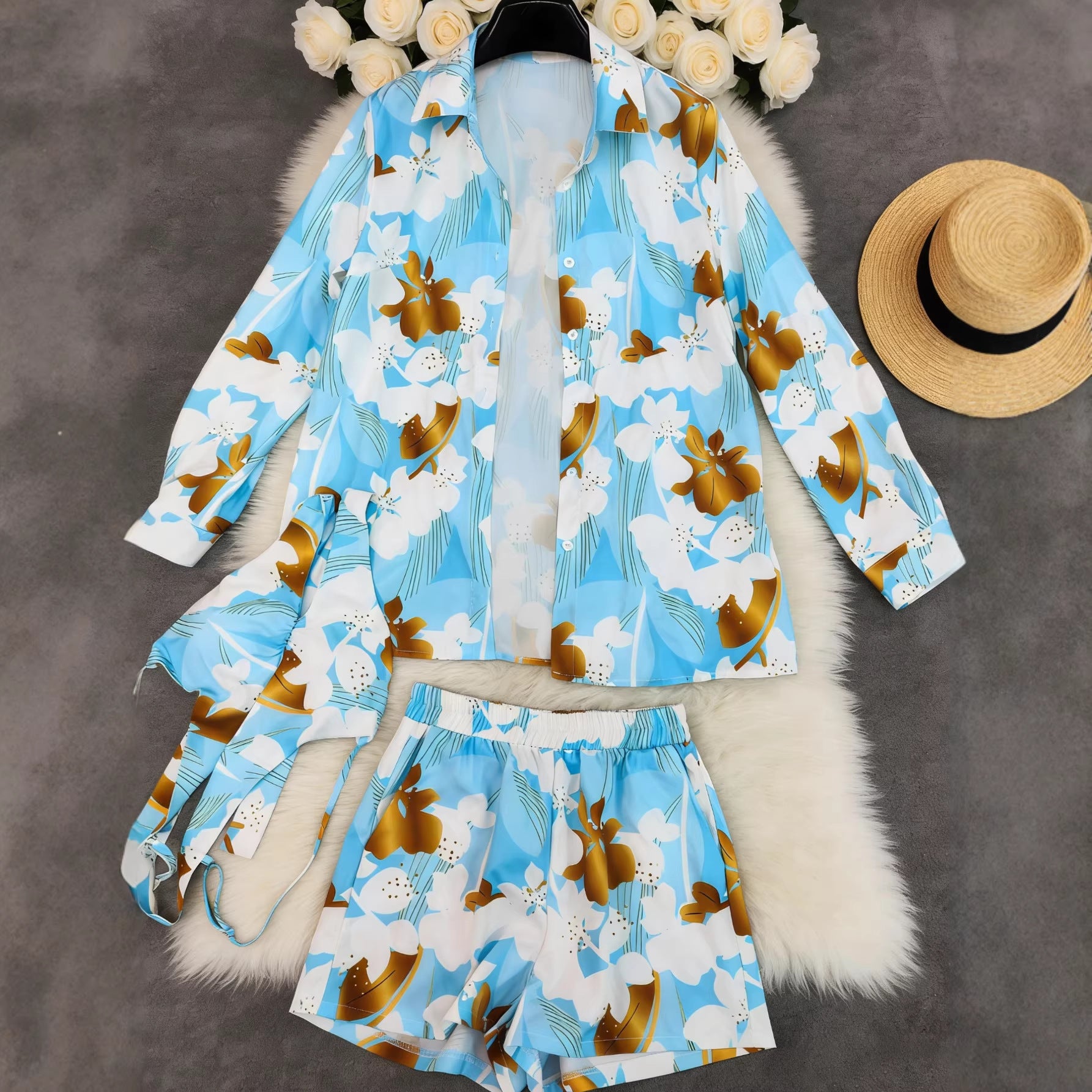Women Printed Shirt Shorts Undergarment Vacation Three Piece Set