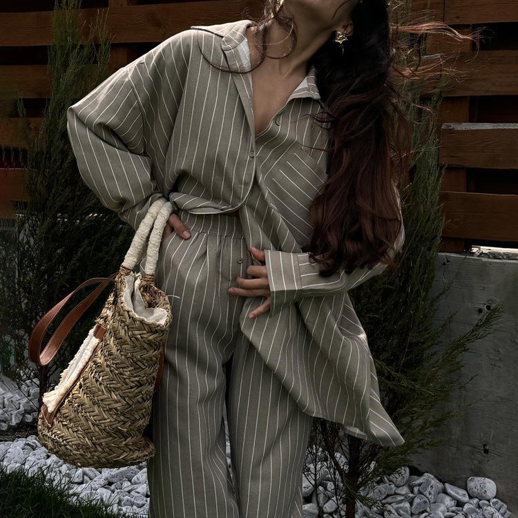 Striped Loose Long Sleeved Shirt Wide Leg