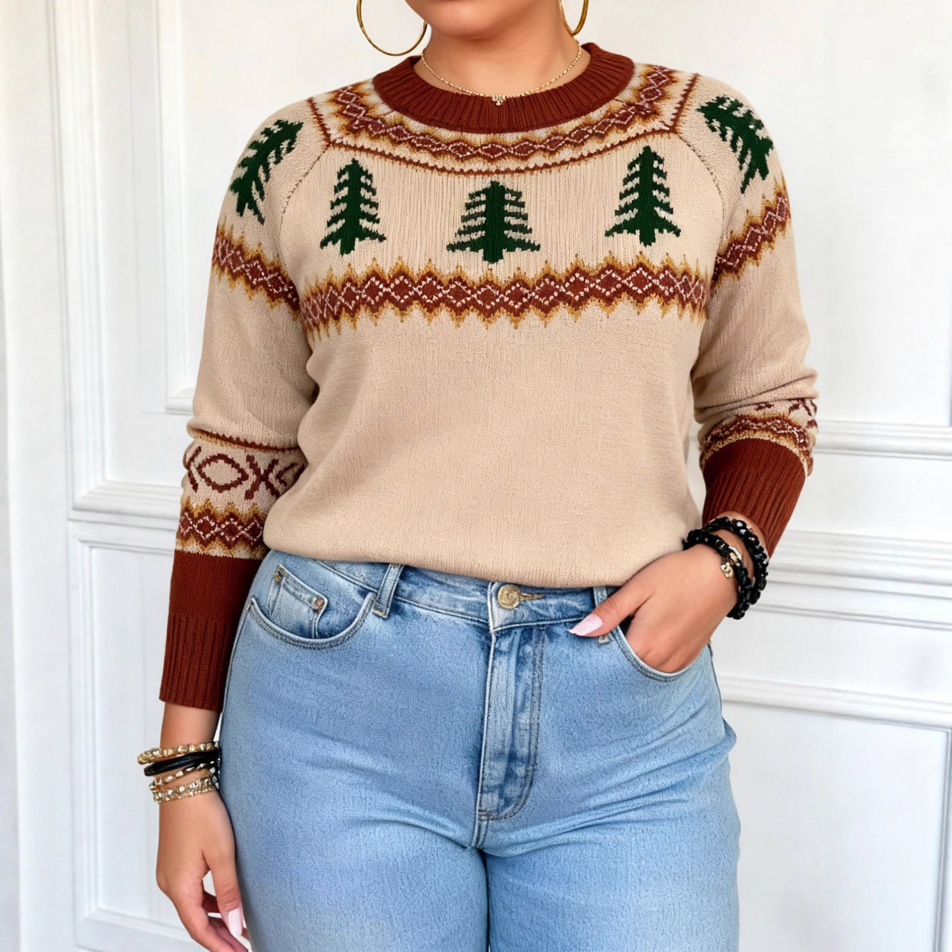 Plus Size Women Hoodie Holiday Christmas Tree Brocade Sweater Loose Top