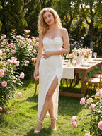 White lace maxi sleeveless dress with sweetheart neckline and front slit