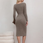 Crew-Neck Cutout Split Long-Sleeve Knit Bodycon Midi Dress