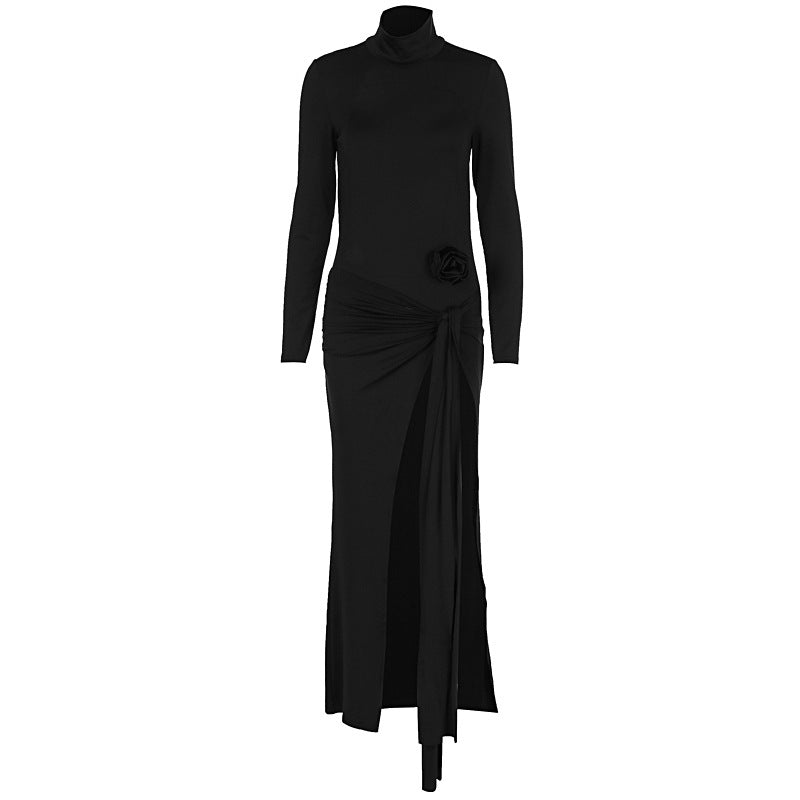 High Collar Backless Long Sleeves Jumpsuit Slit Dress