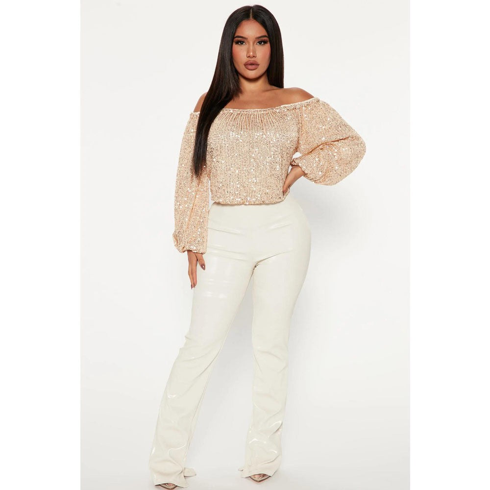 Women's Boat Collar Sequined Lantern Long Sleeve Top