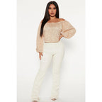 Women's Boat Collar Sequined Lantern Long Sleeve Top