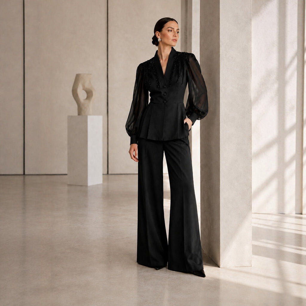 Women's Black Rhinestone Top & Wide-Leg Pants Set
