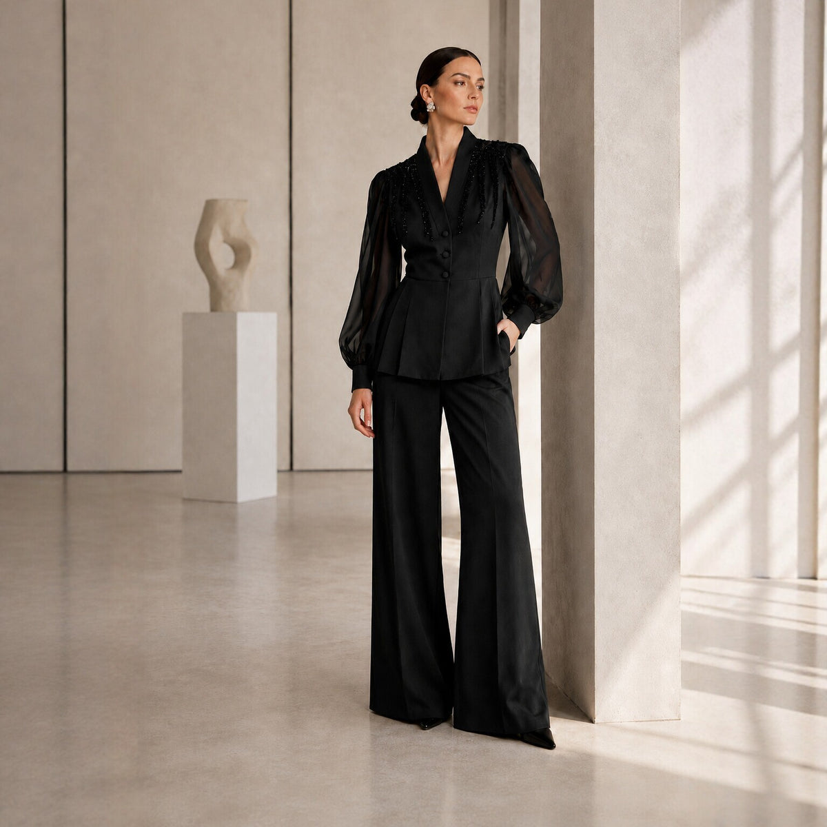 Women's Black Rhinestone Top & Wide-Leg Pants Set
