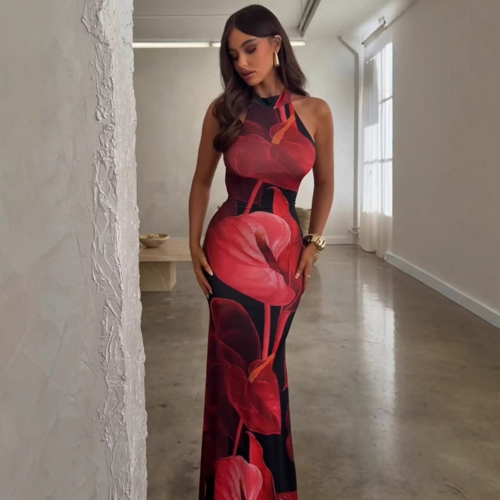 Women's Printed Backless Slim-Waist Bodycon Dress