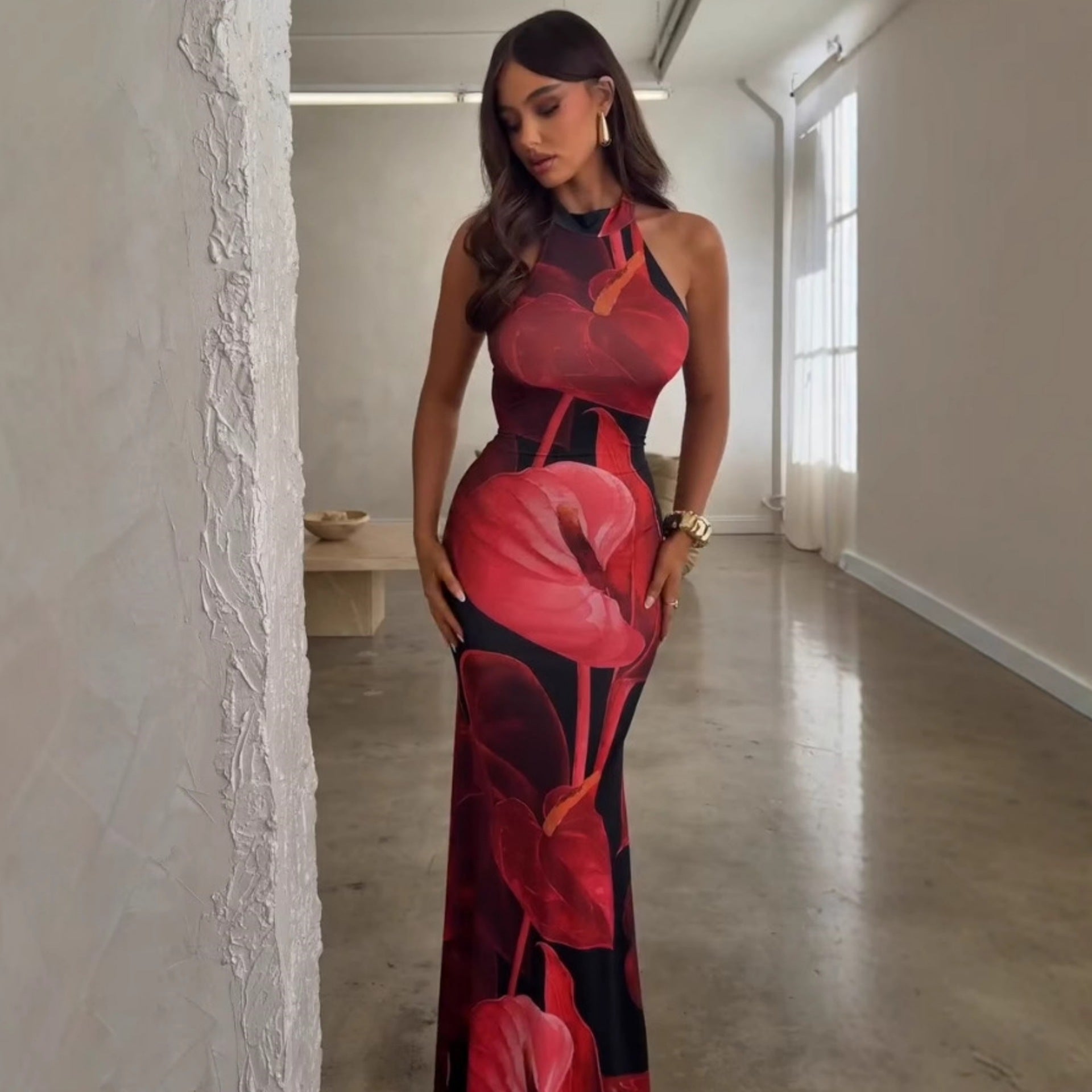 Women's Printed Backless Slim-Waist Bodycon Dress
