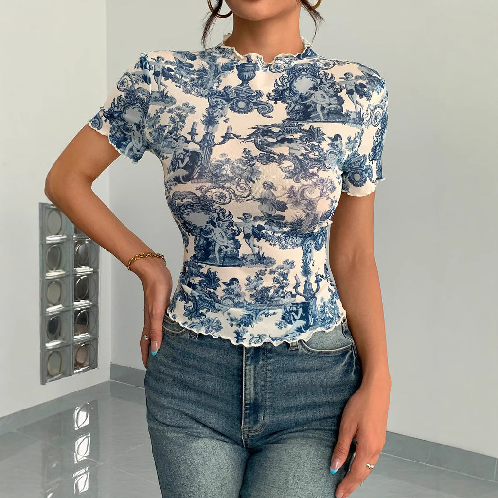 Floral Mesh Short-Sleeve Top