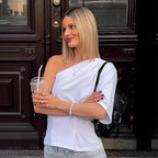 Women's White Asymmetric One-Shoulder Knit Top