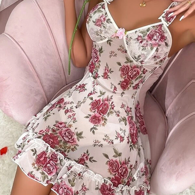 Sexy Nightdress Sexy Strap Sexy Lingerie Floral Perspective Short Skirt Sexy Lingerie