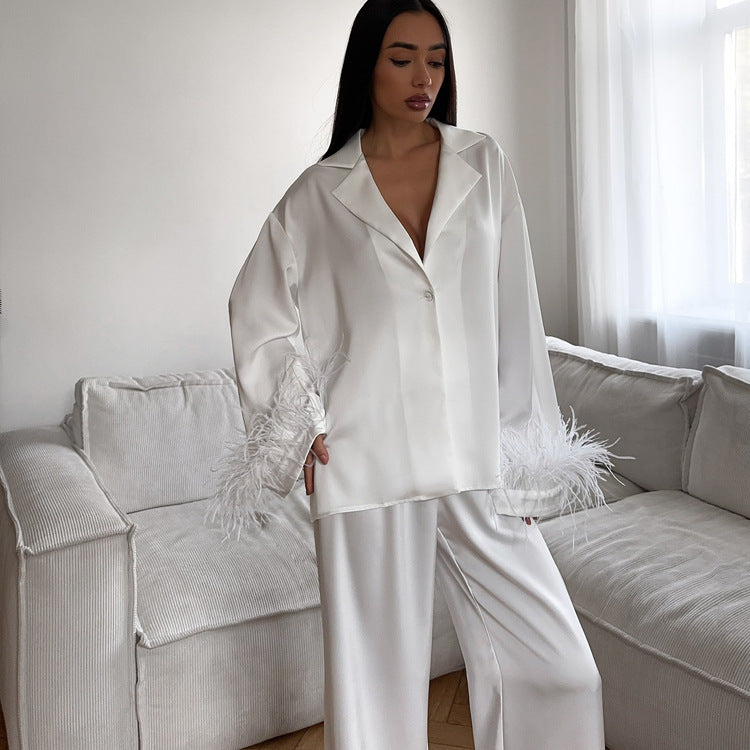 Patchwork Feather Long Sleeve Collared Top Trousers